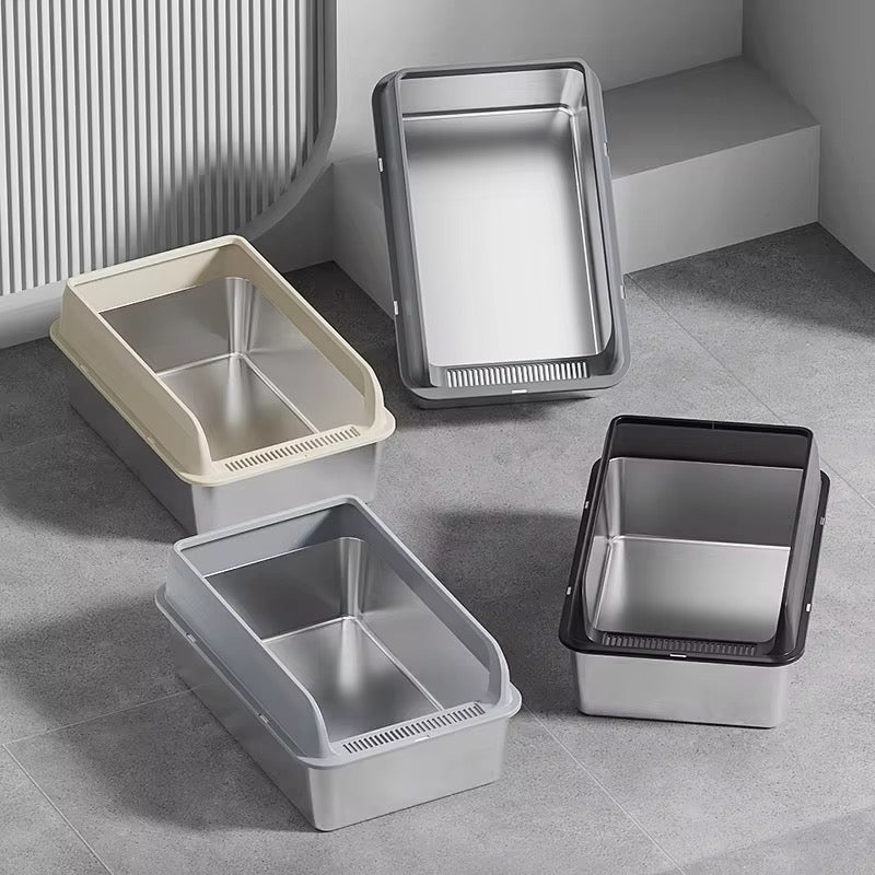 Cat Stainless Steel Litter Box with Fence (Semi-enclosed)
