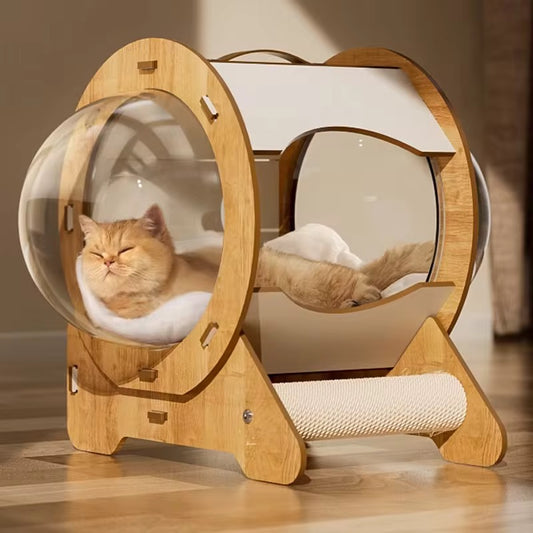 Pet wood house with scratcher